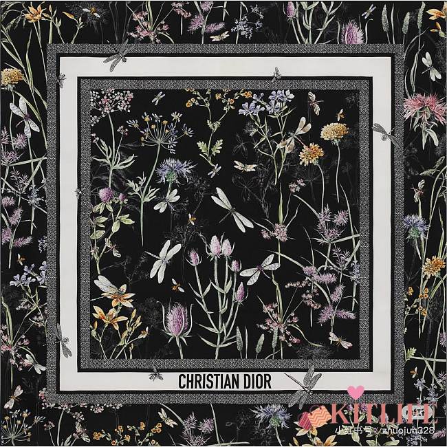 Kitlife Dior Floral Silk Scarf Black & White 90x90cm - 1