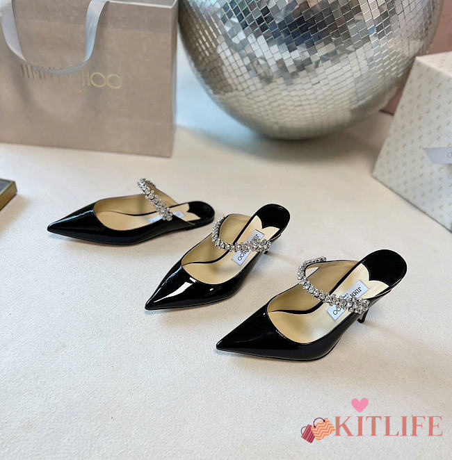 Kitlife Jimmy Choo Black Patent Leather Mules With Crystal Strap  - 1