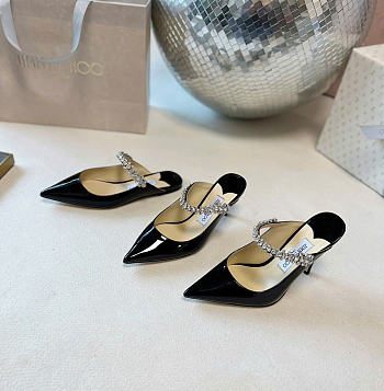 Kitlife Jimmy Choo Black Patent Leather Mules With Crystal Strap 