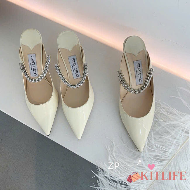Kitlife Jimmy Choo White Patent Leather Mules With Crystal Strap  - 1