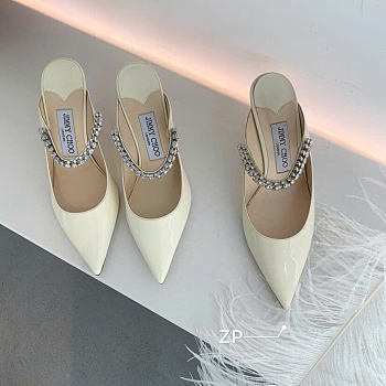 Kitlife Jimmy Choo White Patent Leather Mules With Crystal Strap 
