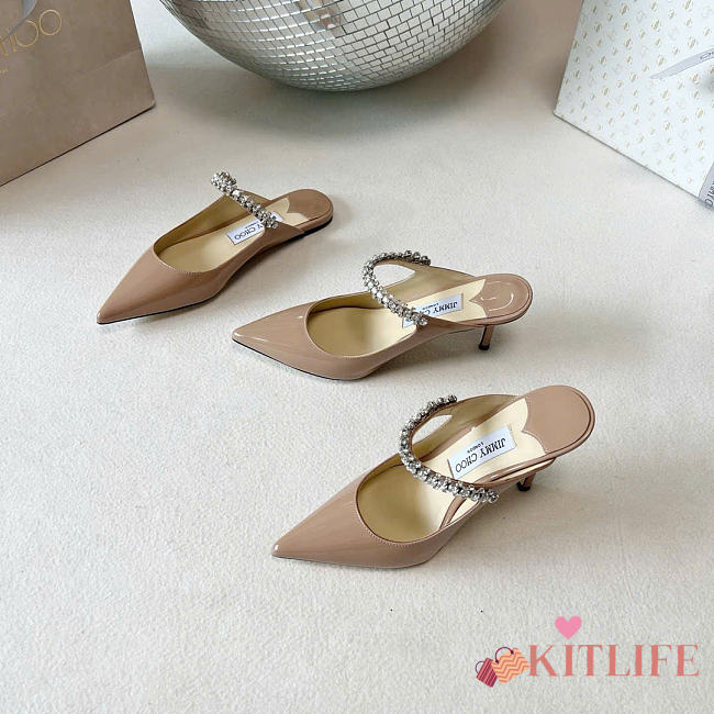 Kitlife Jimmy Choo Beige Patent Leather Mules With Crystal Strap - 1