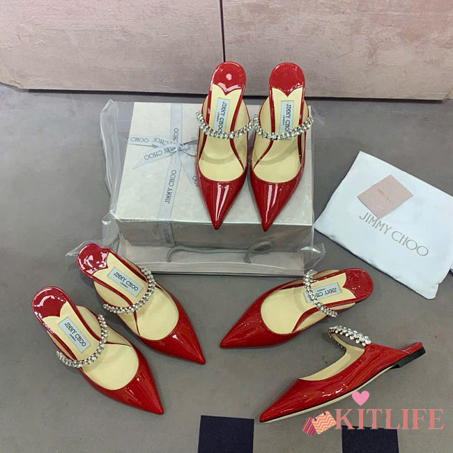 Kitlife Jimmy Choo Red Patent Leather Mules With Crystal Strap - 1