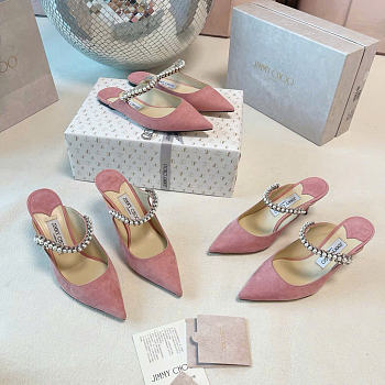 Kitlife Jimmy Choo Pink Suede Leather Mules With Crystal Strap 