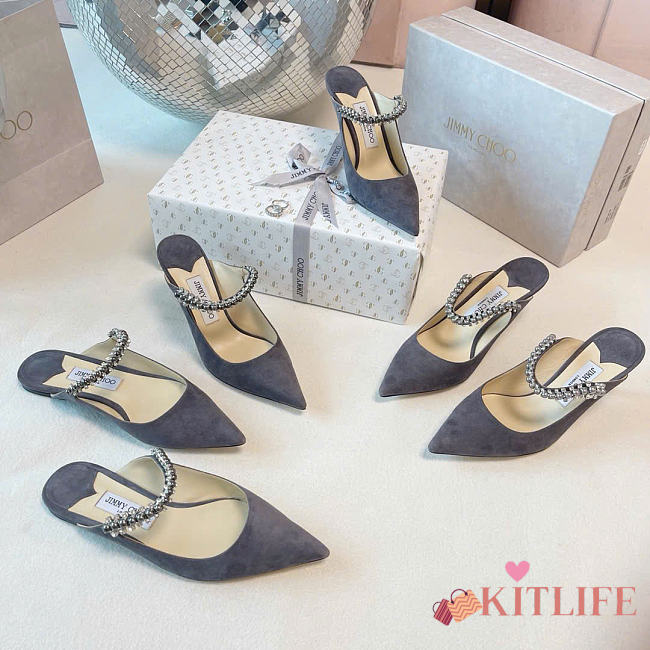 Kitlife Jimmy Choo Gray Suede Leather Mules With Crystal Strap  - 1