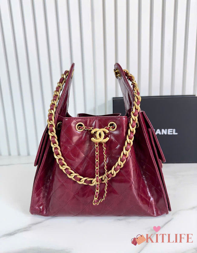 Kitlife Chanel 25C Drawstring Bucket Hobo Bag Burgundy Glossy Calfskin AS5293 30×26×14cm  - 1