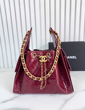 Kitlife Chanel 25C Drawstring Bucket Hobo Bag Burgundy Glossy Calfskin AS5293 30×26×14cm 