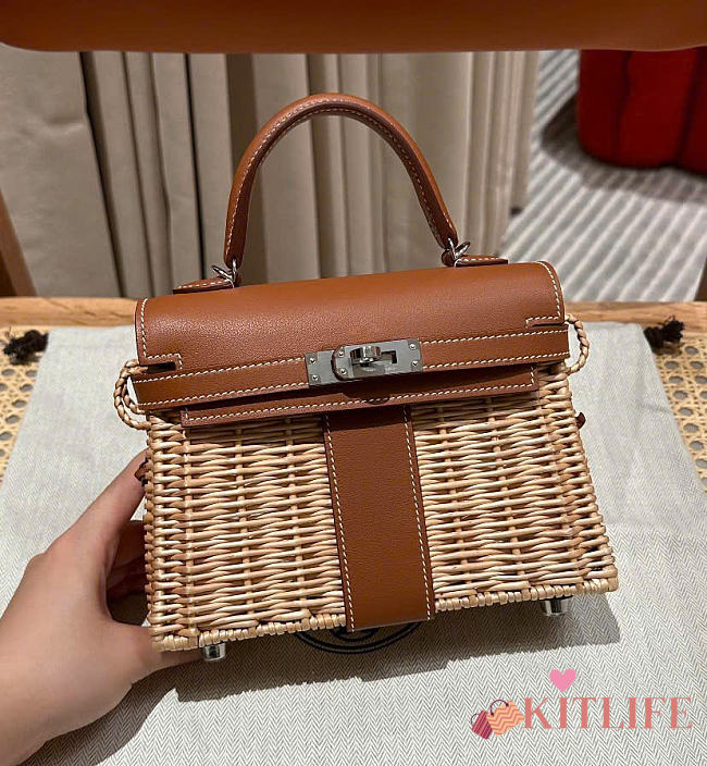 Kitlife Hermes Wicker Swift Picnic Mini Kelly Bag in Natural and Brown 20x18x12cm - 1