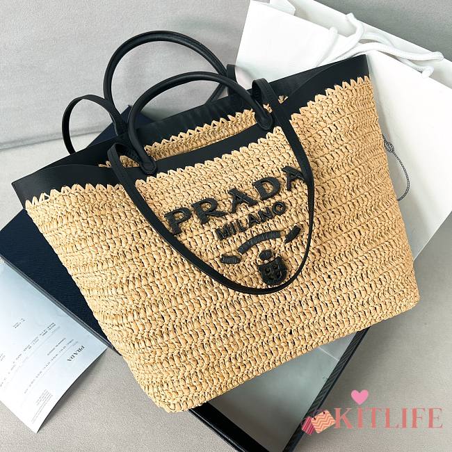 Kitlife Prada Medium Crochet And Leather Tote Bag Tan & Black 1BG499 32x29x15cm - 1