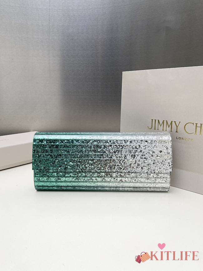 Kitlife Jimmy Choo Sweetie Coarse Glitter Acrylic Clutch Bag Silver & Green 24x10x5cm  - 1
