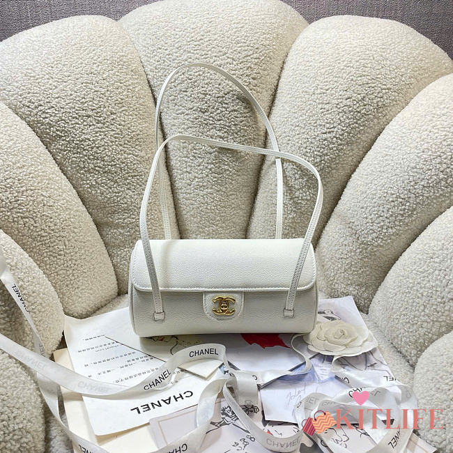 Kitlife Chanel Shiny Caviar Preppy Coco Small Bowling Bag White 20.5×10×10cm - 1