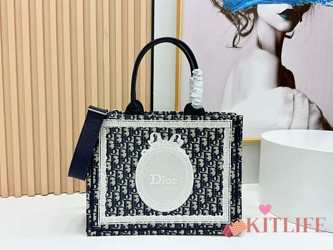 Kitlife Dior Medium Book Tote with Strap Blue Oblique Embroidery with White Lace 36x27.5x16.5cm - 1