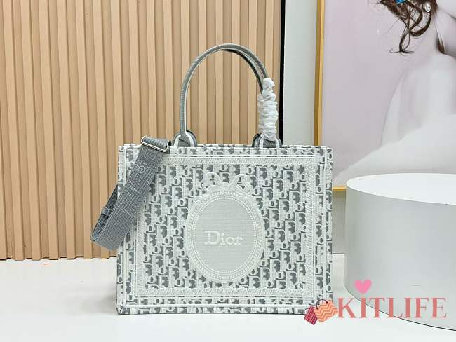 Kitlife Dior Medium Book Tote with Strap Grey Oblique Embroidery with White Lace 36x27.5x16.5cm  - 1