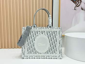 Kitlife Dior Medium Book Tote with Strap Grey Oblique Embroidery with White Lace 36x27.5x16.5cm 