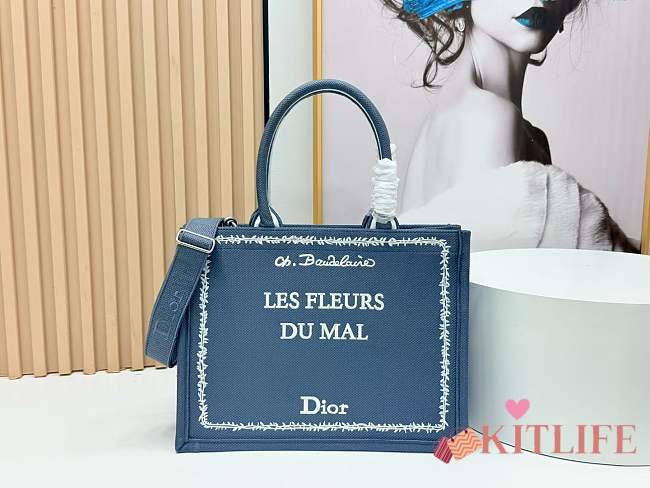 Kitlife Dior Medium Book Tote with Strap Blue and White Book Cover Embroidery 36x27.5x16.5cm - 1