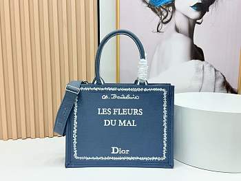 Kitlife Dior Medium Book Tote with Strap Blue and White Book Cover Embroidery 36x27.5x16.5cm