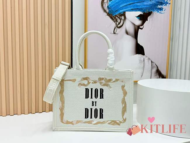 Kitlife Dior Medium Book Tote with Strap Beige, Pink and Black Book Cover Embroidery 36x27.5x16.5cm - 1