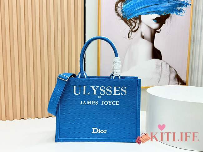 Kitlife Dior Medium Book Tote with Strap Blue and White Book Cover Embroidery 36x27x16cm - 1