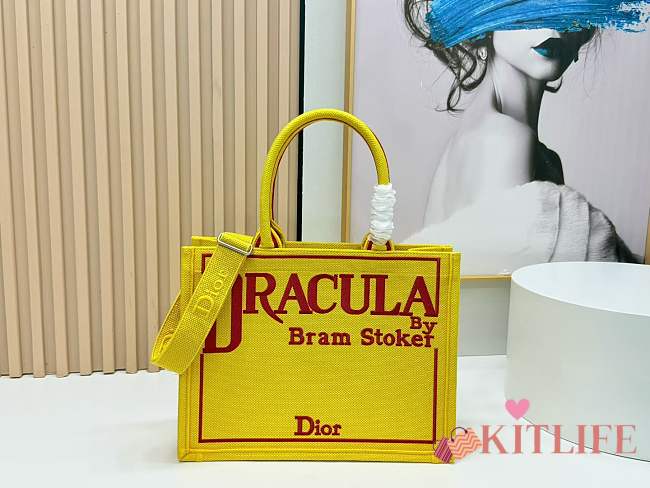 Kitlife Dior Medium Book Tote with Strap Yellow and Red Book Cover Embroidery 36x27.5x16.5cm - 1
