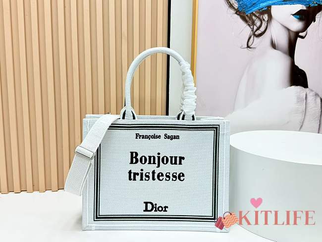Kitlife Dior Medium Book Tote with Strap White, Green and Black Book Cover Embroidery 36x27.5x16.5cm - 1