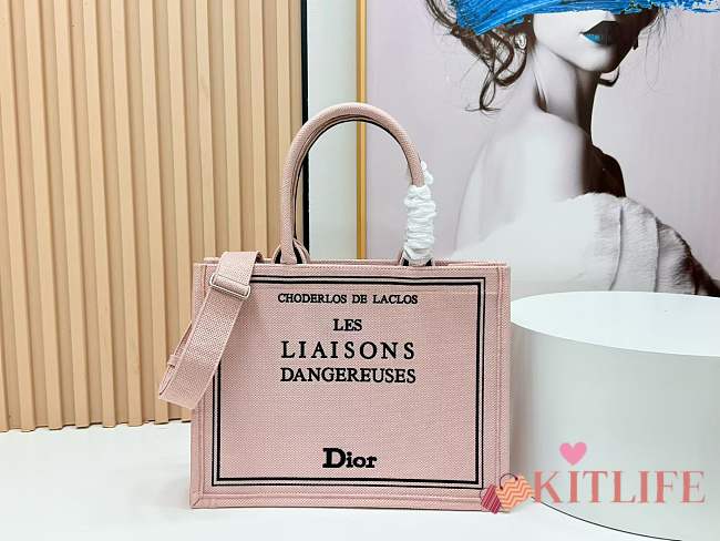Kitlife Dior Medium Book Tote with Strap Pink and Green Book Cover Embroidery 36x27.5x16.5cm  - 1