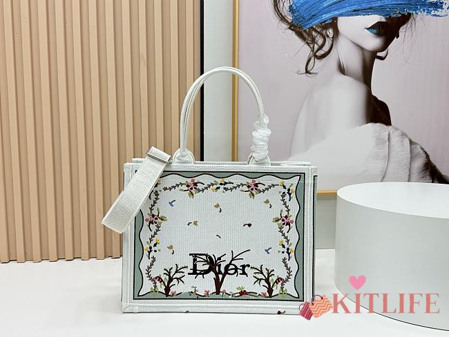 Kitlife Dior Medium Book Tote with Strap White Multicolor Revolution Flowers Embroidery 36x27.5x16.5cm  - 1