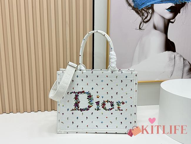Kitlife Dior Medium Book Tote with Strap White Mulicolor Revolution Flowers Embroidery 36x27.5x16.5cm  - 1