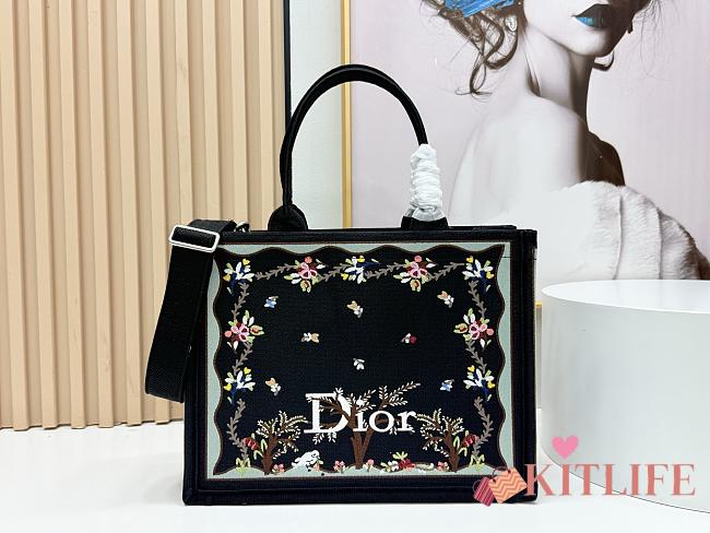 Kitlife Dior Medium Book Tote with StrapBlack Multicolor Revolution Flowers Embroidery 36x27.5x16.5cm  - 1