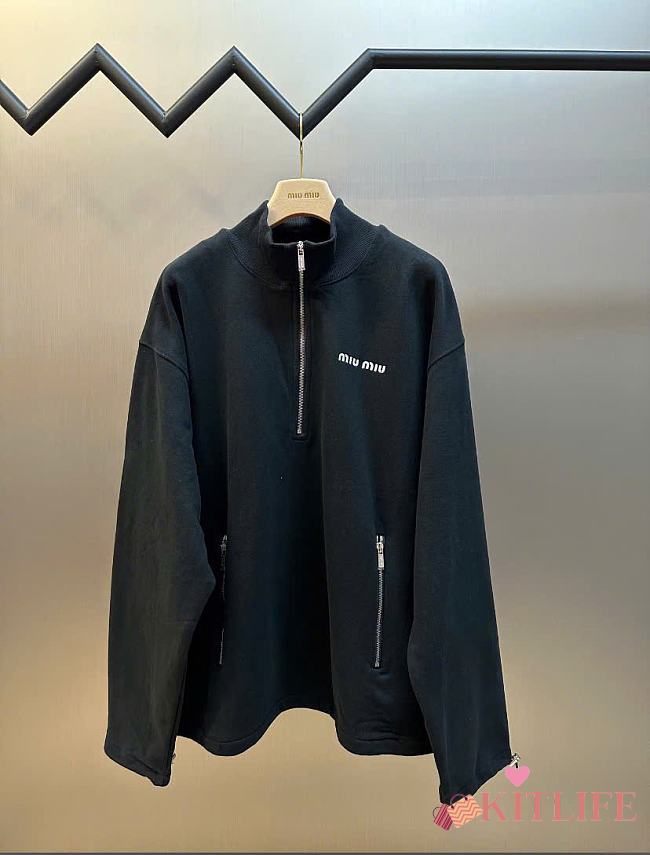 Kitlife Miu Miu Cotton Fleece Zipper Sweatshirt Black  - 1