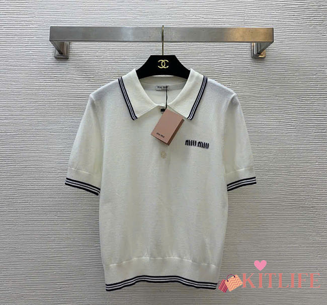 Kitlife Miu Miu Stripe-detail Polo Top White - 1