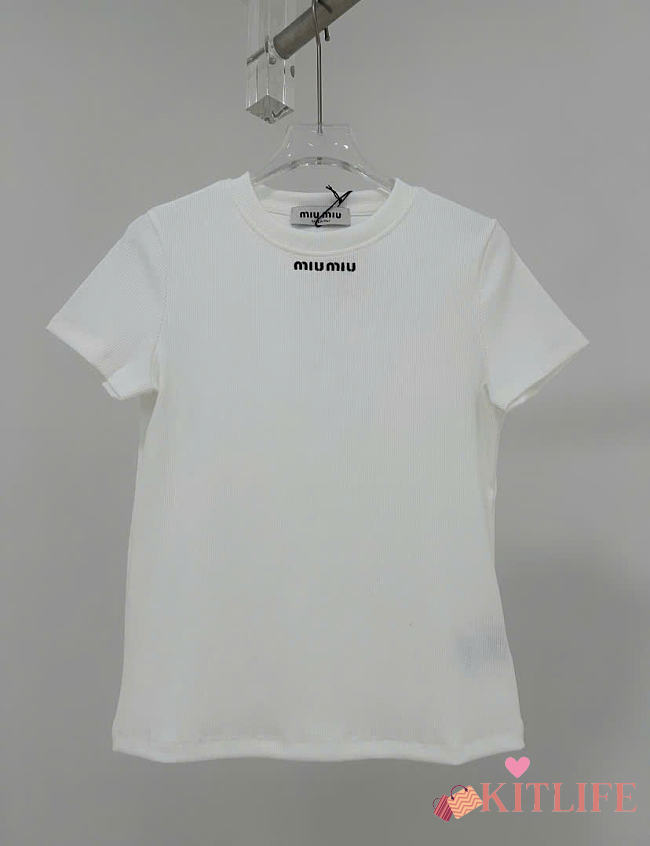 Kitlife Miu Miu Women's White Logo Cotton-Blend T-Shirt  - 1
