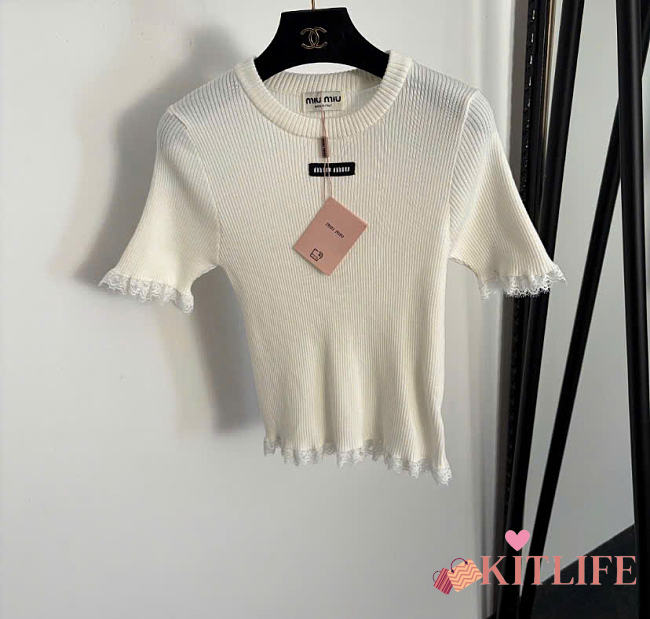 Kitlife Miu Miu Ribbed Knit Casual Ruffled Short Sleeve Top White - 1