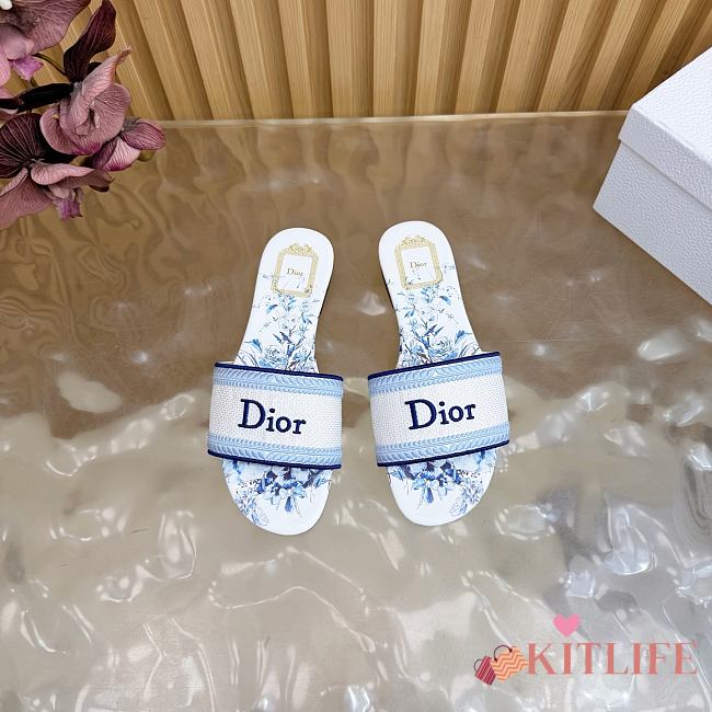 Kitlife Dior Dway Slide White and Blue Embroidered Cotton and Toile de Jouy Floral Garden Motif - 1