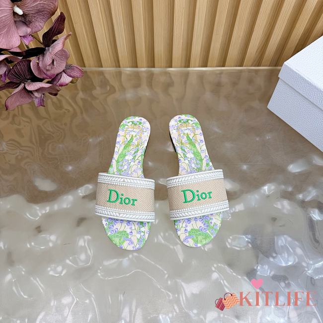 Kitlife Dior Dway Slide Natural Embroidered Cotton and Multicolor Lily of the Valley Motif - 1