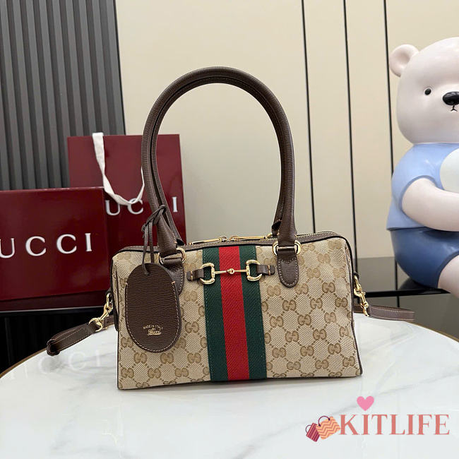Kitlife Gucci Borsetto Medium Boston Bag Sand and Dark brown GG Canvas 866732 28x15x10cm  - 1