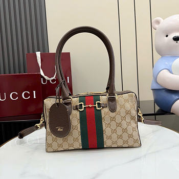 Kitlife Gucci Borsetto Medium Boston Bag Sand and Dark brown GG Canvas 866732 28x15x10cm 