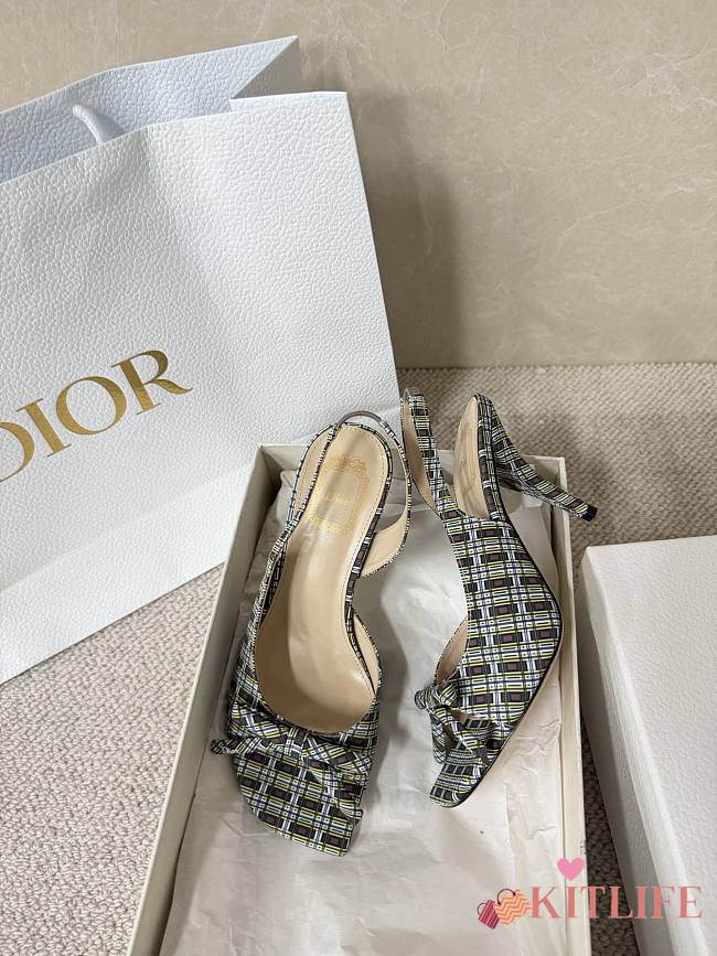 Kitlife Dior Bow Heeled Slingback Sandals Yellow & Brown Check'n'Dior Printed Technical Fabric - 1