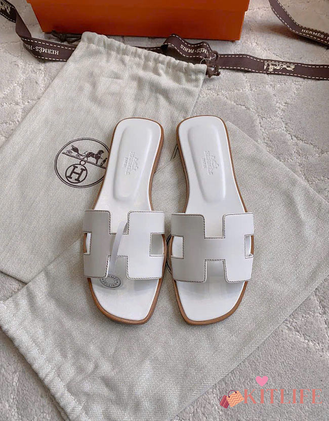 Kitlife Hermes Oran White Leather Sandals  - 1