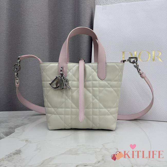 Kitlife Dior Small Toujours Vertical Tote Bag White & Pink 16×18×12cm - 1