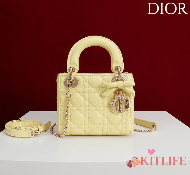 Kitlife Dior Lady Yellow Leather Bow Bag Gold Hardware M0505 17x15x7cm - 1