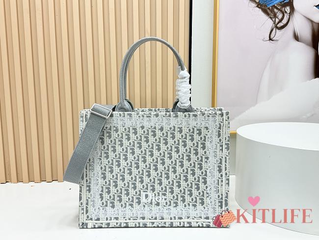 Kitlife Dior Medium Book Tote with Strap Latte and Gray Dior Oblique Embroidery and White Lace 36x27.5x16.5cm  - 1