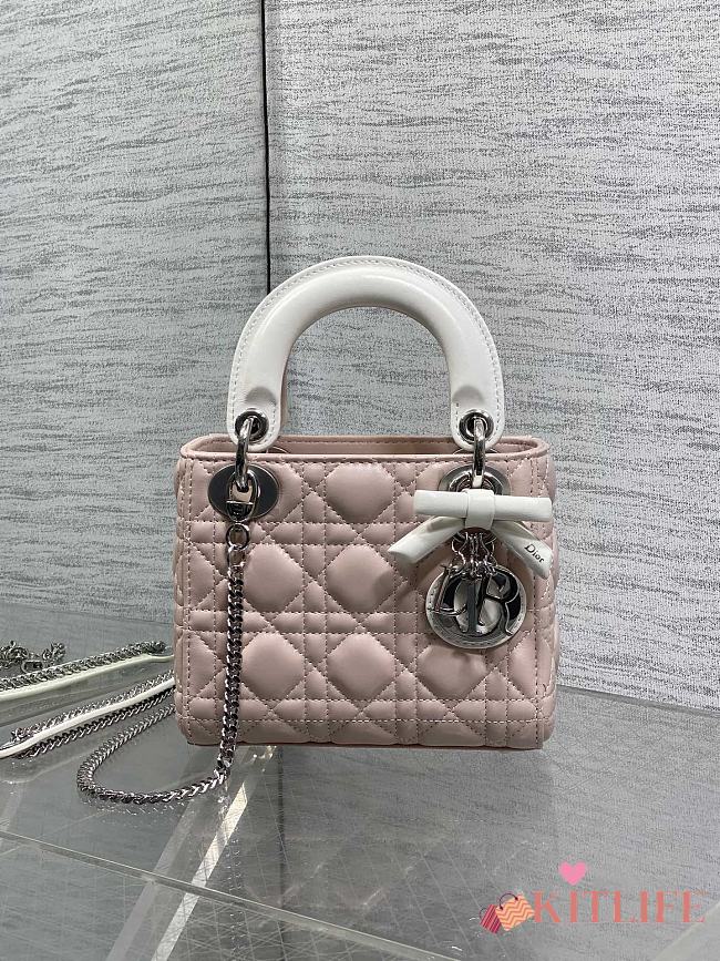 Kitlife Dior Lady Mini Bag With Chain Latte and Pink Cannage Lambskin With Bow 44531 17×15×7cm  - 1
