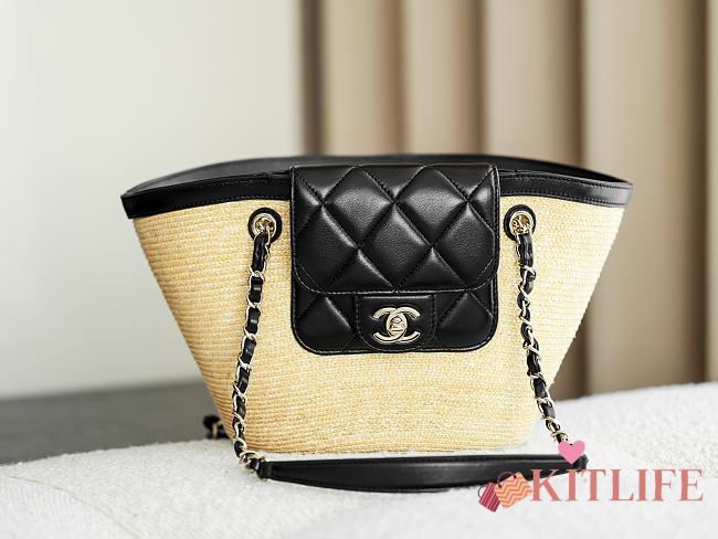 Kitlife Chanel Small Shopping Tote Bag Beige Raffia and Black Lambskin 18x40x13cm - 1