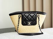 Kitlife Chanel Small Shopping Tote Bag Beige Raffia and Black Lambskin 18x40x13cm - 1