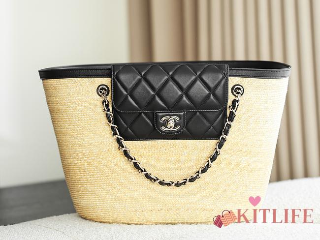 Kitlife Chanel Large Shopping Tote Bag Beige Raffia and Black Lambskin 26x53x18cm - 1