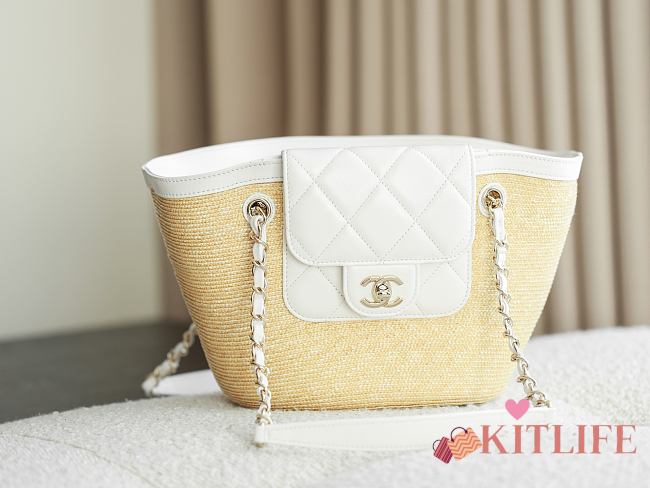 Kitlife Chanel Small Shopping Tote Bag Beige Raffia and White Lambskin 18x40x13cm - 1