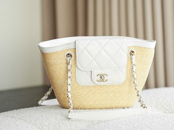 Kitlife Chanel Small Shopping Tote Bag Beige Raffia and White Lambskin 18x40x13cm