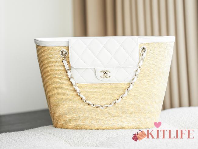 Kitlife Chanel Large Shopping Tote Bag Beige Raffia and White Lambskin 26x53x18cm - 1