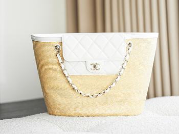 Kitlife Chanel Large Shopping Tote Bag Beige Raffia and White Lambskin 26x53x18cm