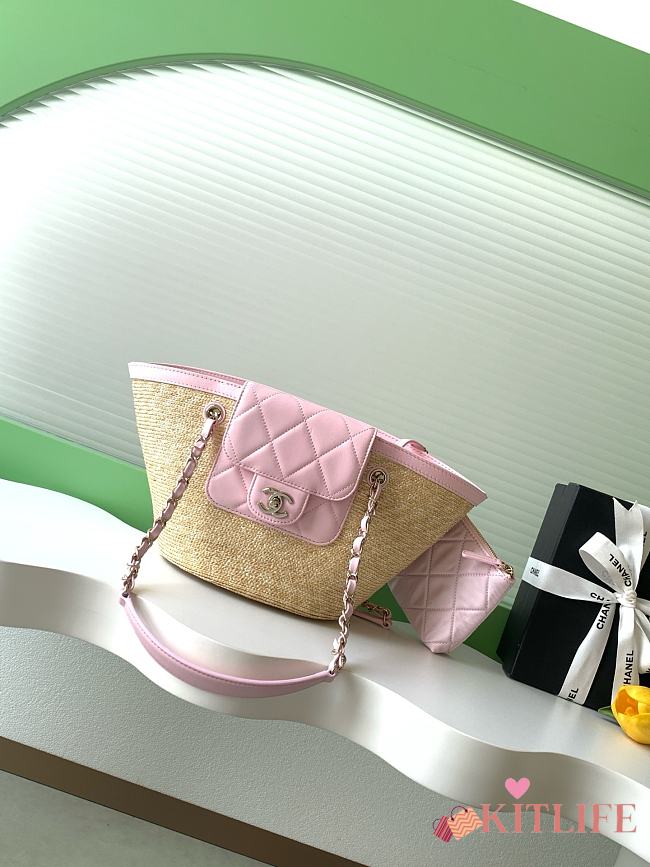 Kitlife Chanel Small Shopping Tote Bag Beige Raffia and Pink Lambskin 18x40x13cm  - 1